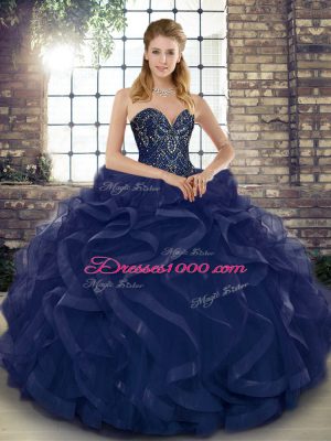Hot Sale Sweetheart Sleeveless Lace Up Quince Ball Gowns Navy Blue Tulle