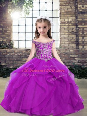 Purple Off The Shoulder Lace Up Beading and Ruffles Little Girls Pageant Gowns Sleeveless