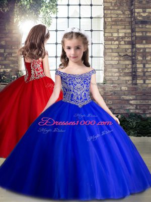 Elegant Royal Blue Off The Shoulder Lace Up Beading Girls Pageant Dresses Sleeveless