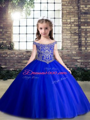 Elegant Royal Blue Off The Shoulder Lace Up Beading Girls Pageant Dresses Sleeveless