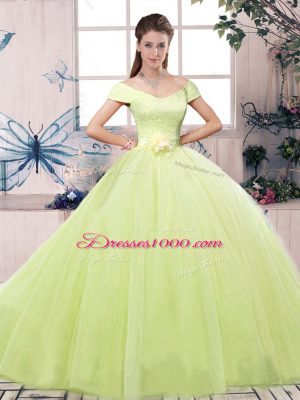 Yellow Green Lace Up 15 Quinceanera Dress Lace and Hand Made Flower Short Sleeves Floor Length