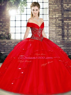 Red Lace Up Off The Shoulder Beading and Ruffles Vestidos de Quinceanera Tulle Sleeveless