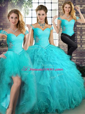 Tulle Sleeveless Floor Length Quince Ball Gowns and Beading and Ruffles