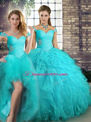 Tulle Sleeveless Floor Length Quince Ball Gowns and Beading and Ruffles