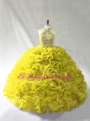 Sleeveless Organza Brush Train Lace Up Quince Ball Gowns in Olive Green with Beading and Ruffles