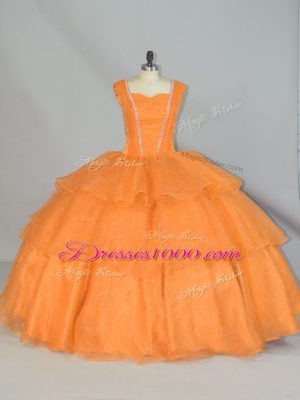 Extravagant Organza Straps Sleeveless Lace Up Beading and Ruffled Layers and Ruching 15th Birthday Dress in Orange