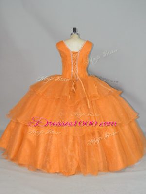 Extravagant Organza Straps Sleeveless Lace Up Beading and Ruffled Layers and Ruching 15th Birthday Dress in Orange