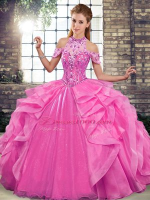 Fancy Floor Length Lace Up 15 Quinceanera Dress Rose Pink for Military Ball and Sweet 16 and Quinceanera with Beading and Ruffles
