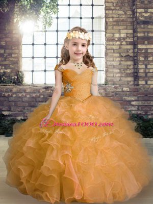 Straps Sleeveless Pageant Dress for Teens Floor Length Beading and Ruffles Orange Organza