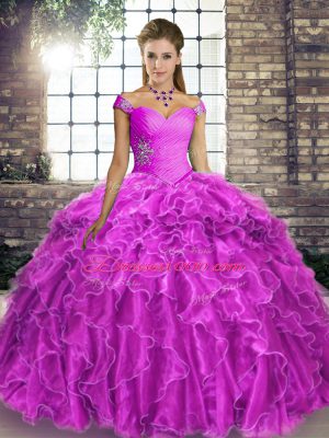 Brush Train Ball Gowns 15 Quinceanera Dress Lilac Off The Shoulder Organza Sleeveless Lace Up