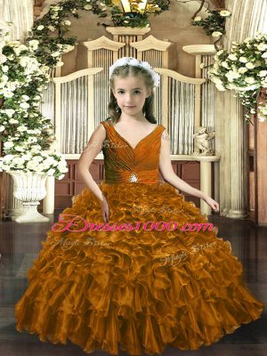 Sleeveless Organza Floor Length Backless Party Dress in Brown with Beading and Ruffles