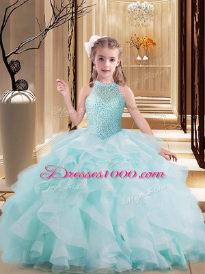 Ball Gowns Sleeveless Light Blue Pageant Dress Brush Train Lace Up