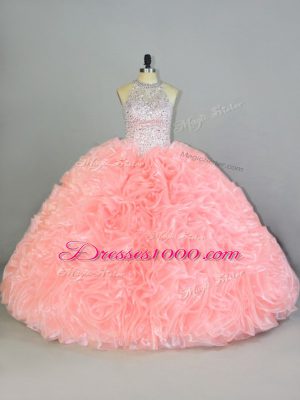 Enchanting Peach Sleeveless Beading and Ruffles Lace Up Ball Gown Prom Dress