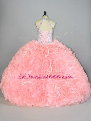 Enchanting Peach Sleeveless Beading and Ruffles Lace Up Ball Gown Prom Dress