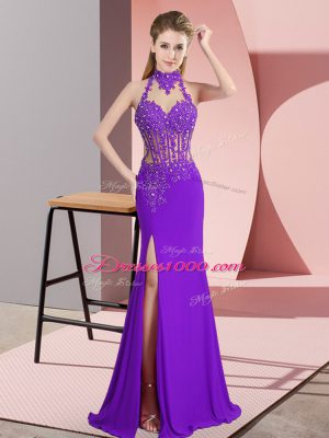 Charming Purple Column/Sheath Halter Top Sleeveless Chiffon Floor Length Backless Beading Prom Dress