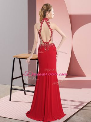 Charming Purple Column/Sheath Halter Top Sleeveless Chiffon Floor Length Backless Beading Prom Dress