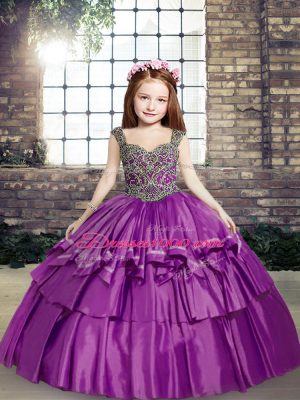 Taffeta Straps Sleeveless Lace Up Beading Pageant Gowns For Girls in Purple