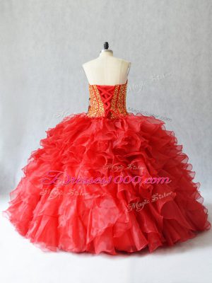 Sleeveless Organza Floor Length Lace Up Ball Gown Prom Dress in Red with Beading and Ruffles