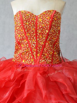 Sleeveless Organza Floor Length Lace Up Ball Gown Prom Dress in Red with Beading and Ruffles