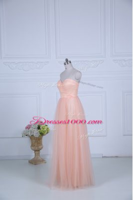 Peach Tulle Zipper Sweetheart Sleeveless Floor Length Wedding Guest Dresses Ruching