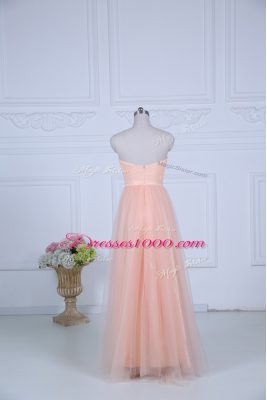 Peach Tulle Zipper Sweetheart Sleeveless Floor Length Wedding Guest Dresses Ruching