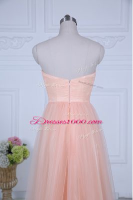 Peach Tulle Zipper Sweetheart Sleeveless Floor Length Wedding Guest Dresses Ruching