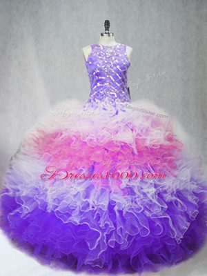 Nice Multi-color Scoop Zipper Beading and Ruffles Quince Ball Gowns Sleeveless