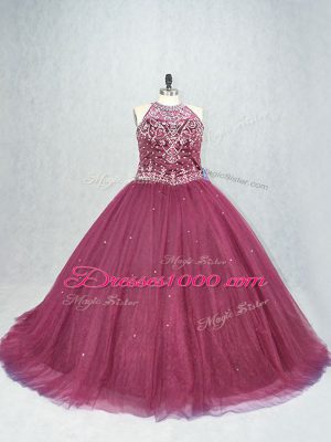 Captivating Burgundy Quince Ball Gowns Scoop Sleeveless Brush Train Lace Up