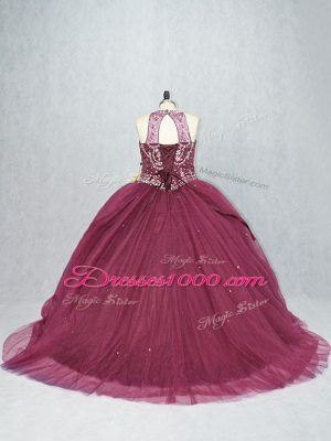 Captivating Burgundy Quince Ball Gowns Scoop Sleeveless Brush Train Lace Up