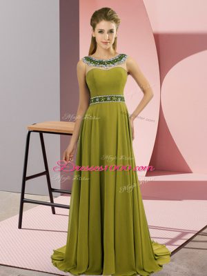 Edgy Sleeveless Beading Zipper Celeb Inspired Gowns with Olive Green Brush Train
