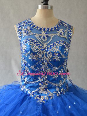 Charming Blue Side Zipper Quinceanera Dress Beading and Ruffles Sleeveless Floor Length
