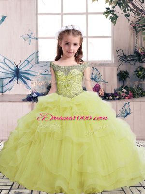 Latest Yellow Lace Up Child Pageant Dress Beading Sleeveless Floor Length