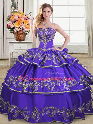 Sumptuous Purple Lace Up Sweetheart Embroidery and Ruffled Layers Quinceanera Dresses Satin and Organza Sleeveless