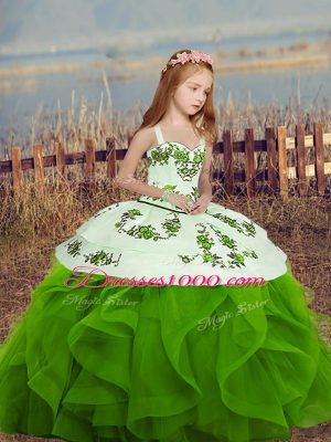 Green Sleeveless Embroidery and Ruffles Floor Length Kids Formal Wear