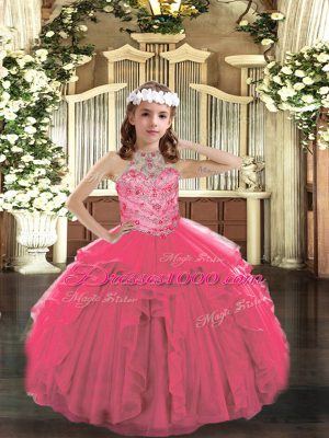 Beading and Ruffles Little Girls Pageant Dress Wholesale Hot Pink Lace Up Sleeveless Floor Length
