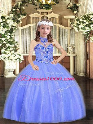 High End Floor Length Blue Little Girl Pageant Dress Tulle Sleeveless Appliques