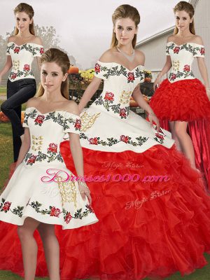 Edgy White And Red Off The Shoulder Neckline Embroidery and Ruffles 15th Birthday Dress Sleeveless Lace Up
