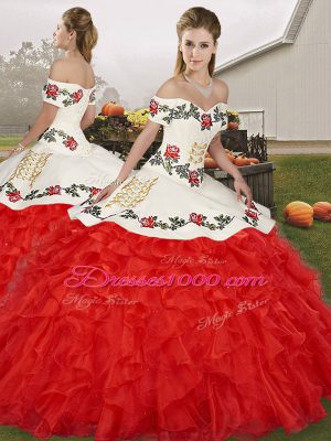 Edgy White And Red Off The Shoulder Neckline Embroidery and Ruffles 15th Birthday Dress Sleeveless Lace Up