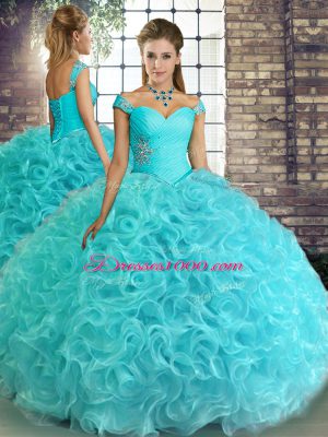 Floor Length Lace Up Sweet 16 Quinceanera Dress Aqua Blue for Military Ball and Sweet 16 and Quinceanera with Beading