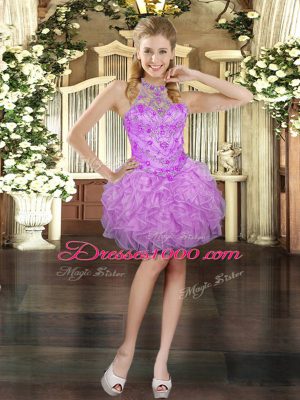Dynamic Beading and Ruffles Cocktail Dresses Lilac Lace Up Sleeveless Mini Length