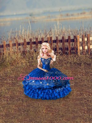 Royal Blue Lace Up Off The Shoulder Beading and Ruffles Quinceanera Gowns Satin and Organza Sleeveless