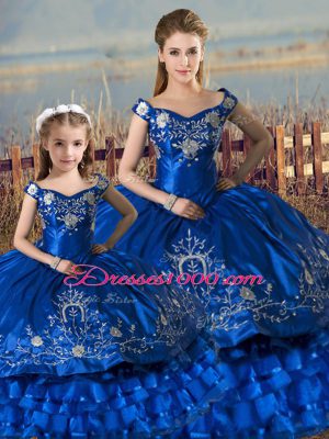 Royal Blue Lace Up Off The Shoulder Beading and Ruffles Quinceanera Gowns Satin and Organza Sleeveless