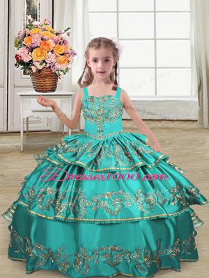 Gorgeous Embroidery and Ruffled Layers Party Dress Turquoise Lace Up Sleeveless Floor Length
