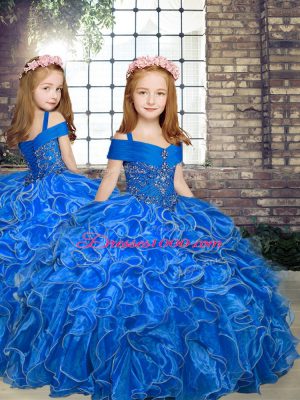 Exquisite Blue Ball Gowns Organza Straps Sleeveless Beading and Ruffles Floor Length Lace Up Little Girls Pageant Dress