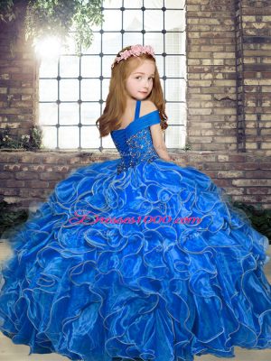 Exquisite Blue Ball Gowns Organza Straps Sleeveless Beading and Ruffles Floor Length Lace Up Little Girls Pageant Dress