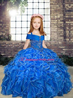 Exquisite Blue Ball Gowns Organza Straps Sleeveless Beading and Ruffles Floor Length Lace Up Little Girls Pageant Dress