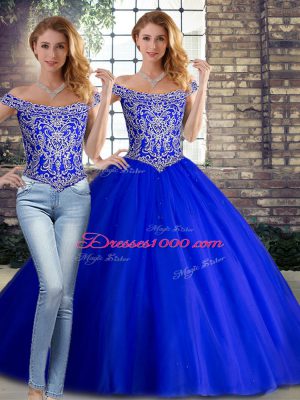 Superior Royal Blue Two Pieces Tulle Off The Shoulder Sleeveless Beading Lace Up Vestidos de Quinceanera Brush Train