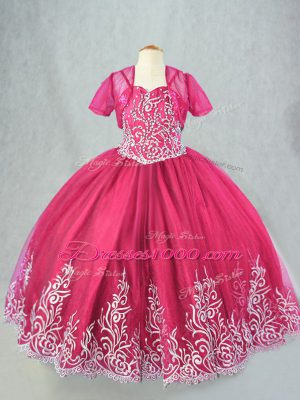 Excellent Floor Length Lace Up Little Girl Pageant Gowns Hot Pink for Wedding Party with Beading and Embroidery