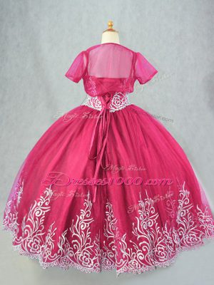 Excellent Floor Length Lace Up Little Girl Pageant Gowns Hot Pink for Wedding Party with Beading and Embroidery