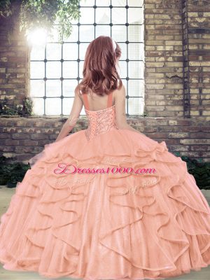 Latest Ball Gowns Straps Sleeveless Tulle Floor Length Side Zipper Beading and Ruffles Little Girls Pageant Dress